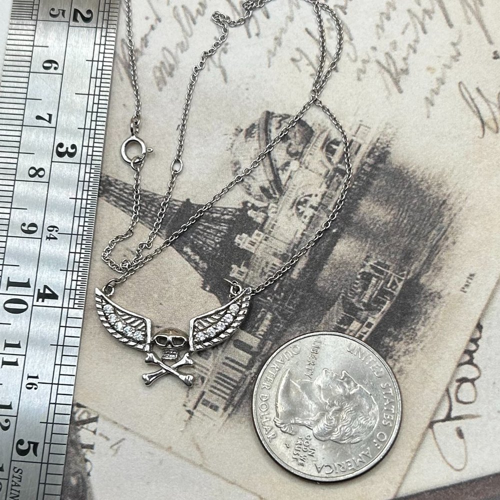 Sterling Silver Skull Necklace With CZ Stones - Picture 2 of 8